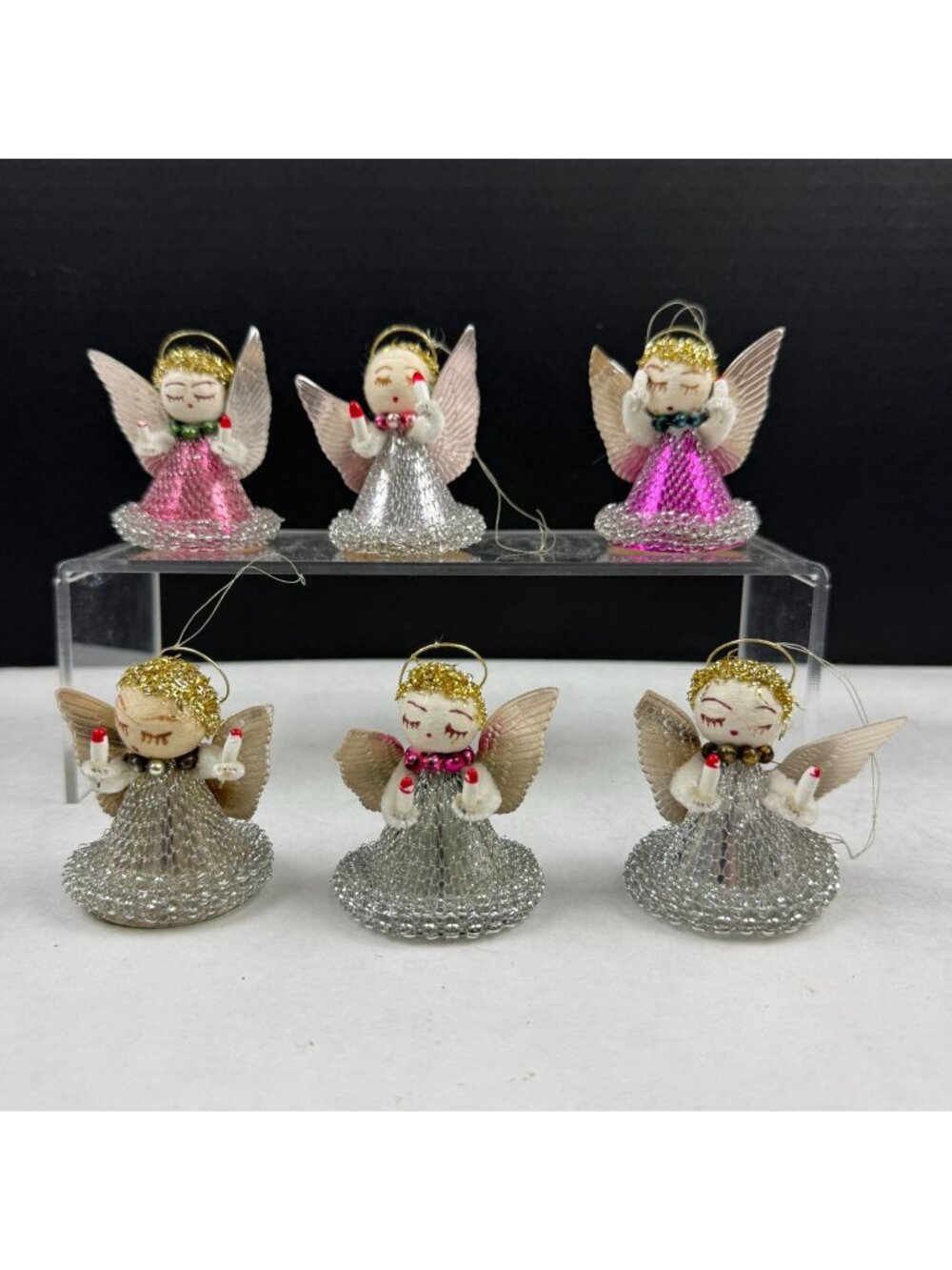Vintage Putz Spun Cotton Mesh Christmas Angel Ornaments Lot Of 6
